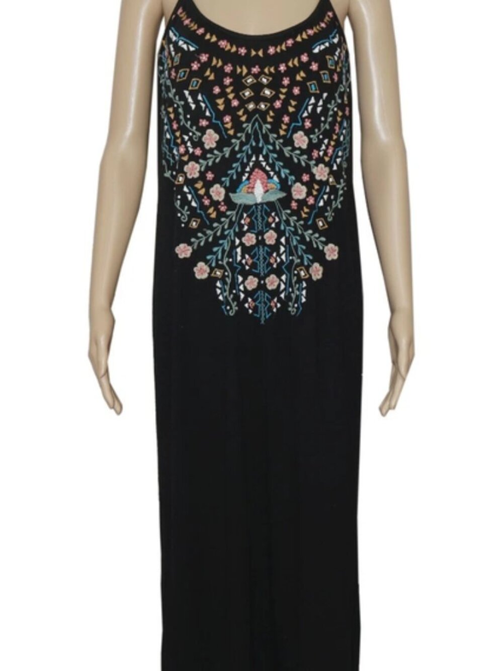 Anthropologie Caite Floral Embroidered Adjustable Strap Black Maxi Dress S
